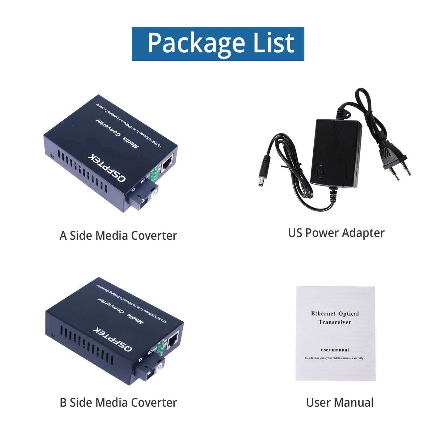 QSFPTEK A Pair 1.25G/s Bidi Fiber Media Converter, Gigabit Media Converter, 10/100/1000Base-Tx to 1000Base-FX Fiber Ethernet Coverter, Singlemode SC