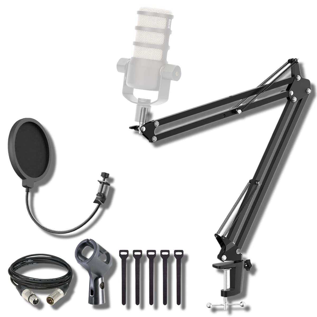 StreamEye Boom Arm Mic Stand with Desktop Mount, Detachable Clip, Professional Grade XLR Cable, Microphone Pop Filter and Cable Ties