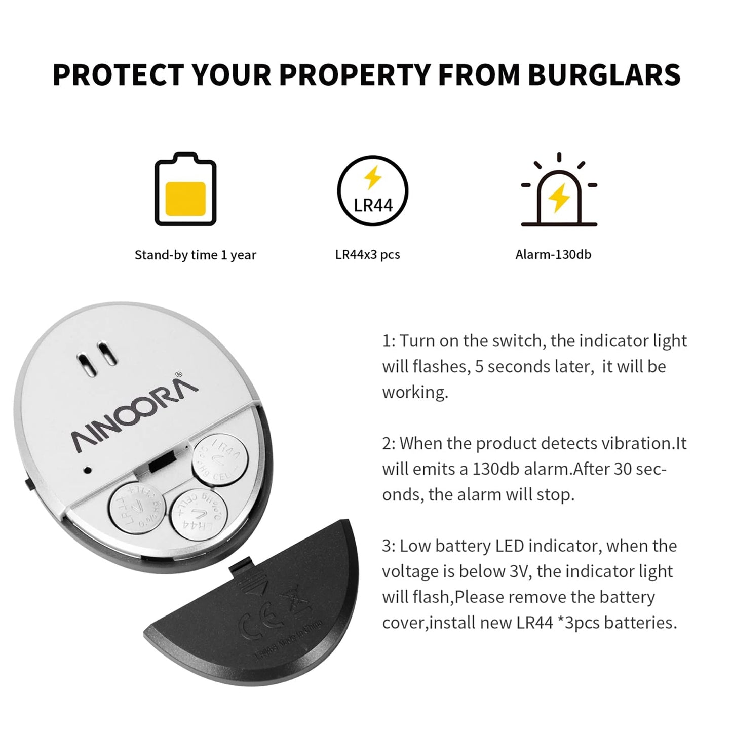 Window Alarm Sensors 4 Pack, Glass Break Sensor 130DB Loud Window Vibration Alarms, Burglar Intruder Entry Detector for Indoor Home Office Apartment