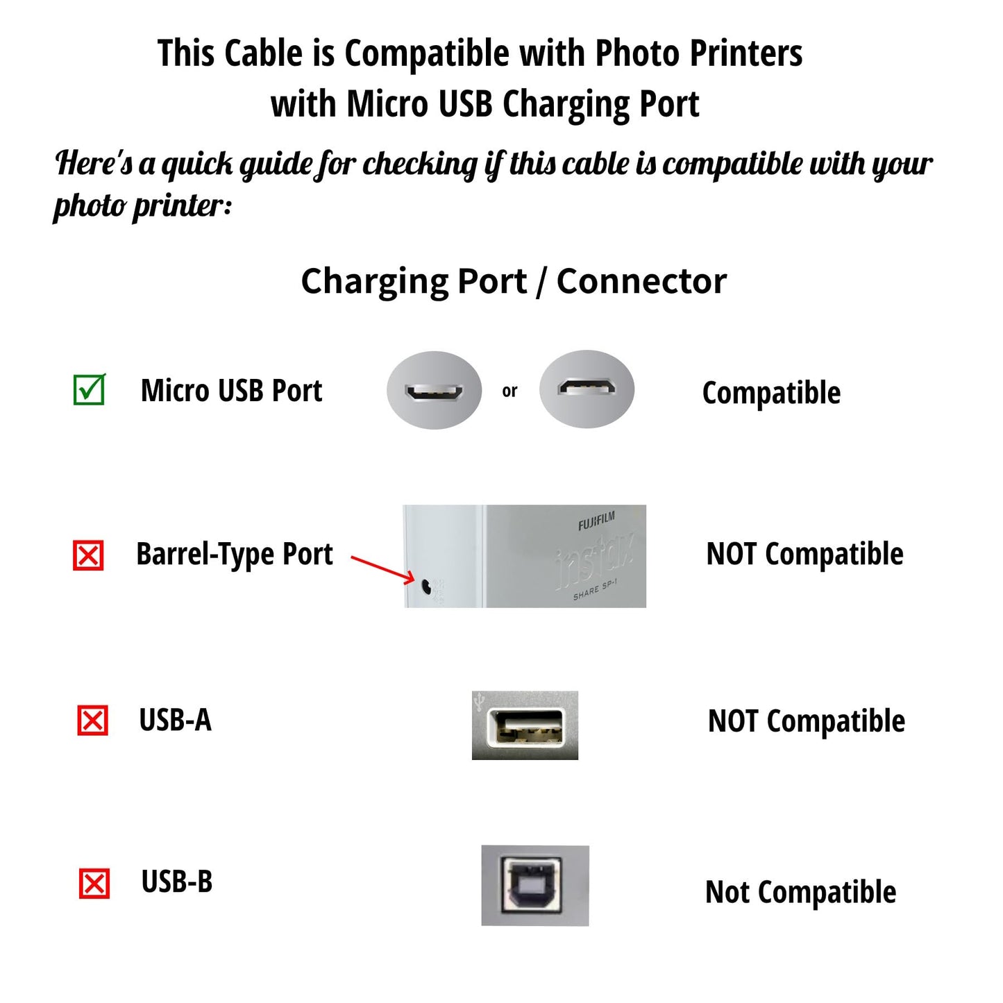 ienza USB Charge Cable Cord Wire for Fujifilm INSTAX Share SP-2, Polaroid Zip, HP Sprocket, Polaroid Mint, Kodak Mini/Printomatic, Lifeprint, Canon