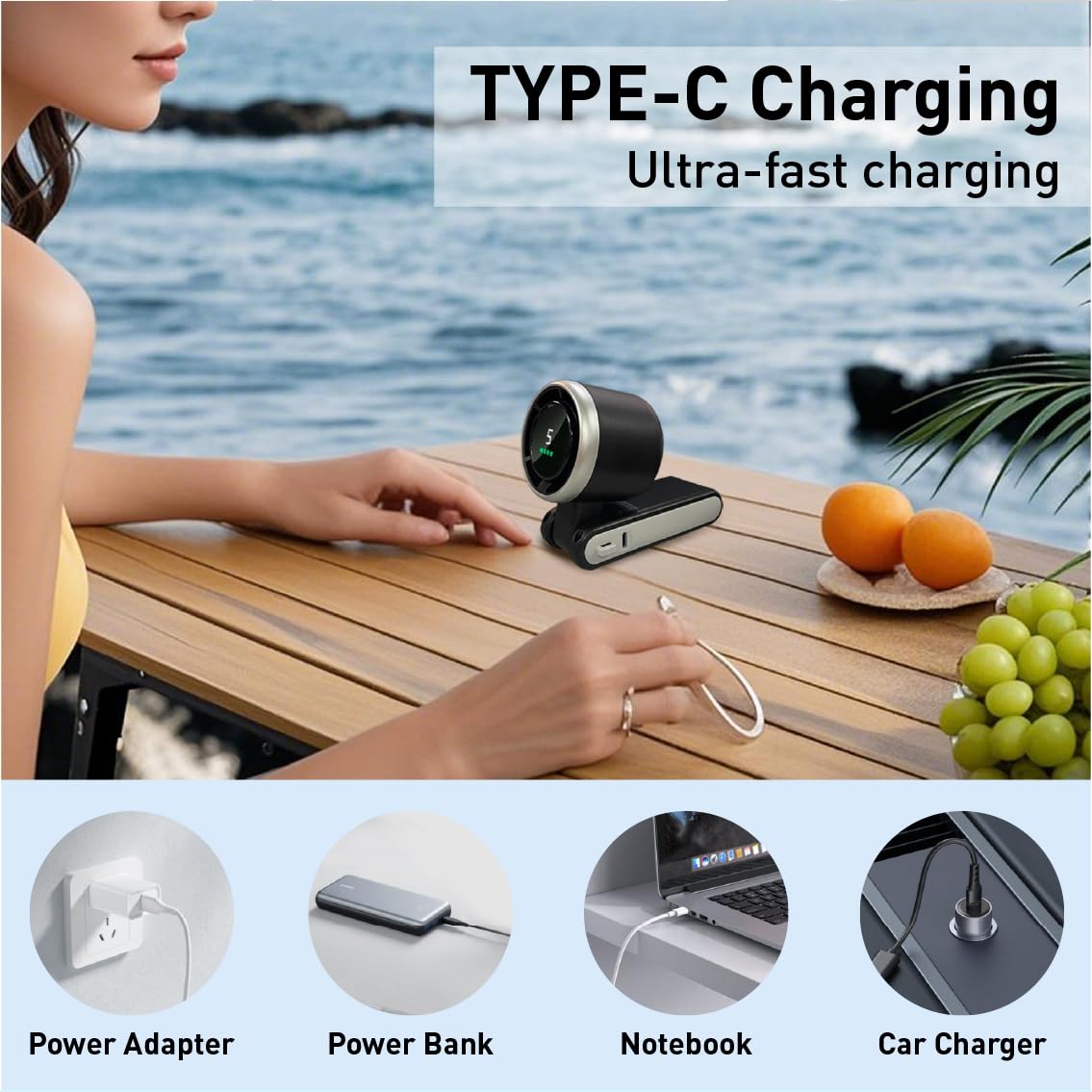 LIBERATECH Handheld fan Turbo 3-in-1, battery powered personal fan, running for 20 hours, 5-speed, turbo forced cooling, suitable for outdoor travel