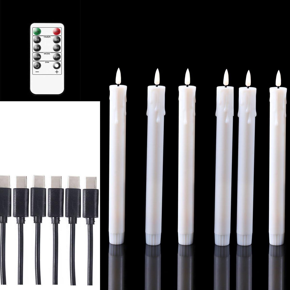 Datomarry Pack of 6 Decorative Rechargeable White Taper Candles with USB Charge Warm White Light 10 Inch,Remote Flameless Christmas LED Window