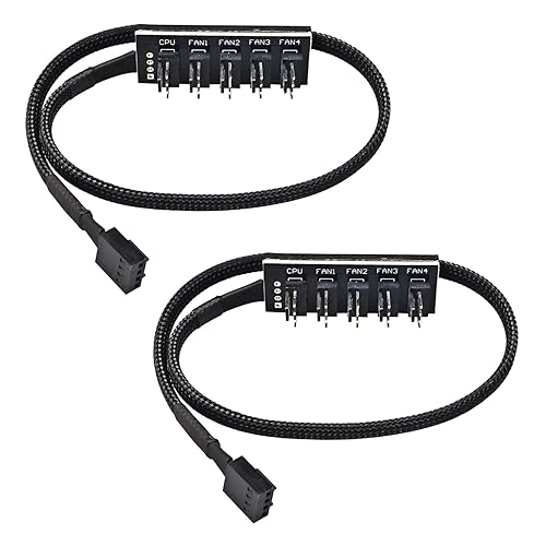 4 Pin PWM Fan Hub Splitter Black Sleeved 1 to 5 Way 4-Pin & 3-Pin PC CPU Cooling Case Fan Splitter Hub Adapter 14 Inches (2 Pack)