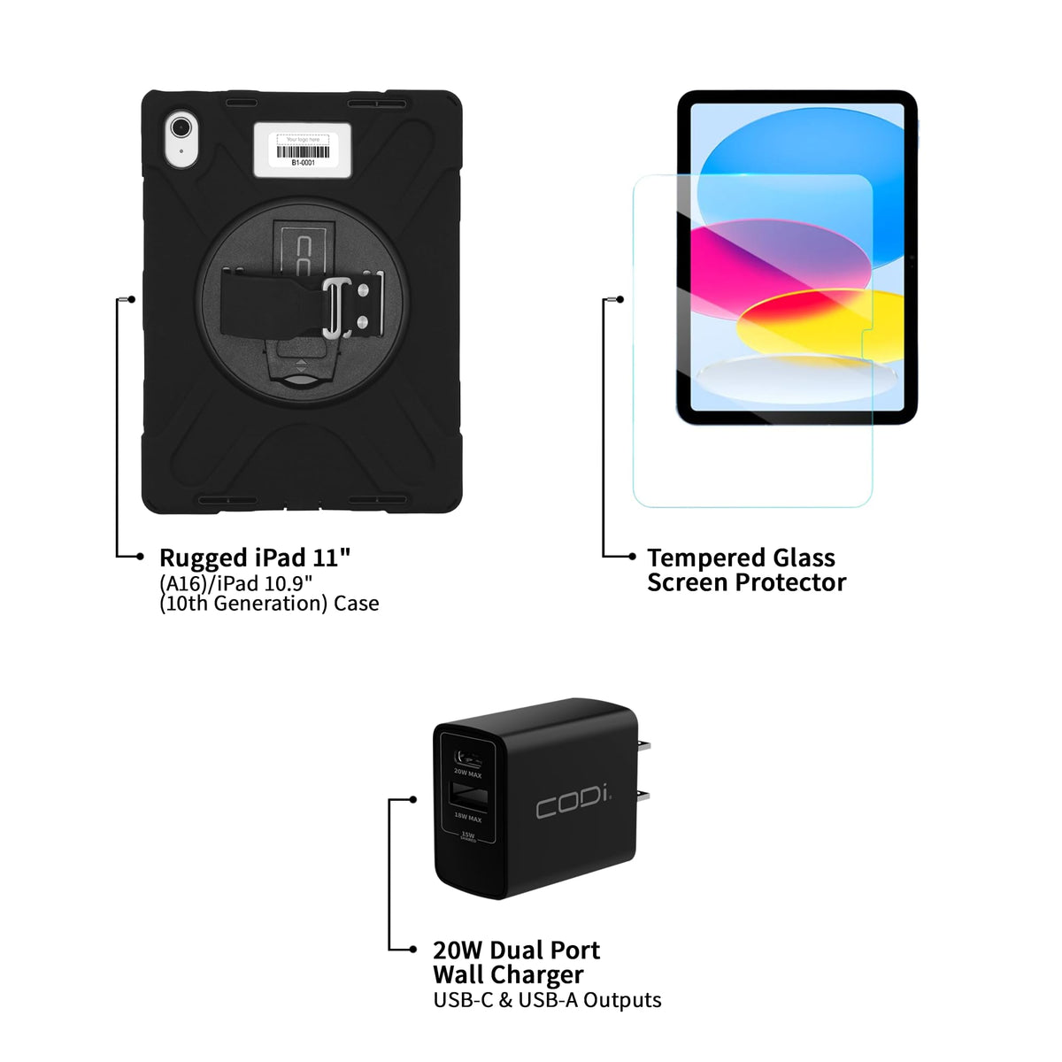 CODi - iPad Essentials Bundle - Rugged Case11 (A16)/ 10.9" (10th Generation) + Tempered Glass Screen Protector + 20W Dual Port Charger | Heavy-Duty