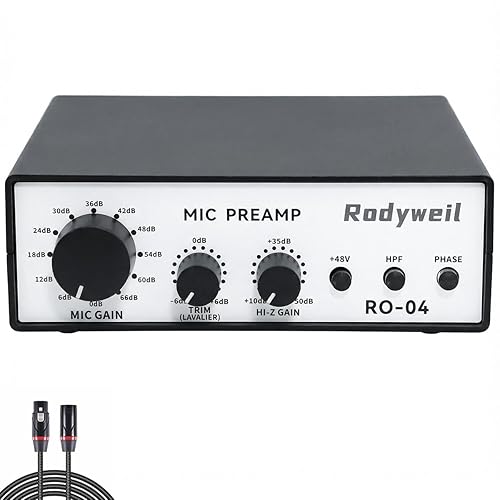 Rodyweil RO-04 Mic Preamp, 0~72db Adjustable Gain Boost,-120db EIN Ultra Low Noise, Studio Grade Performance with Hi-Z, 48V, HPF, Phase for Instrument