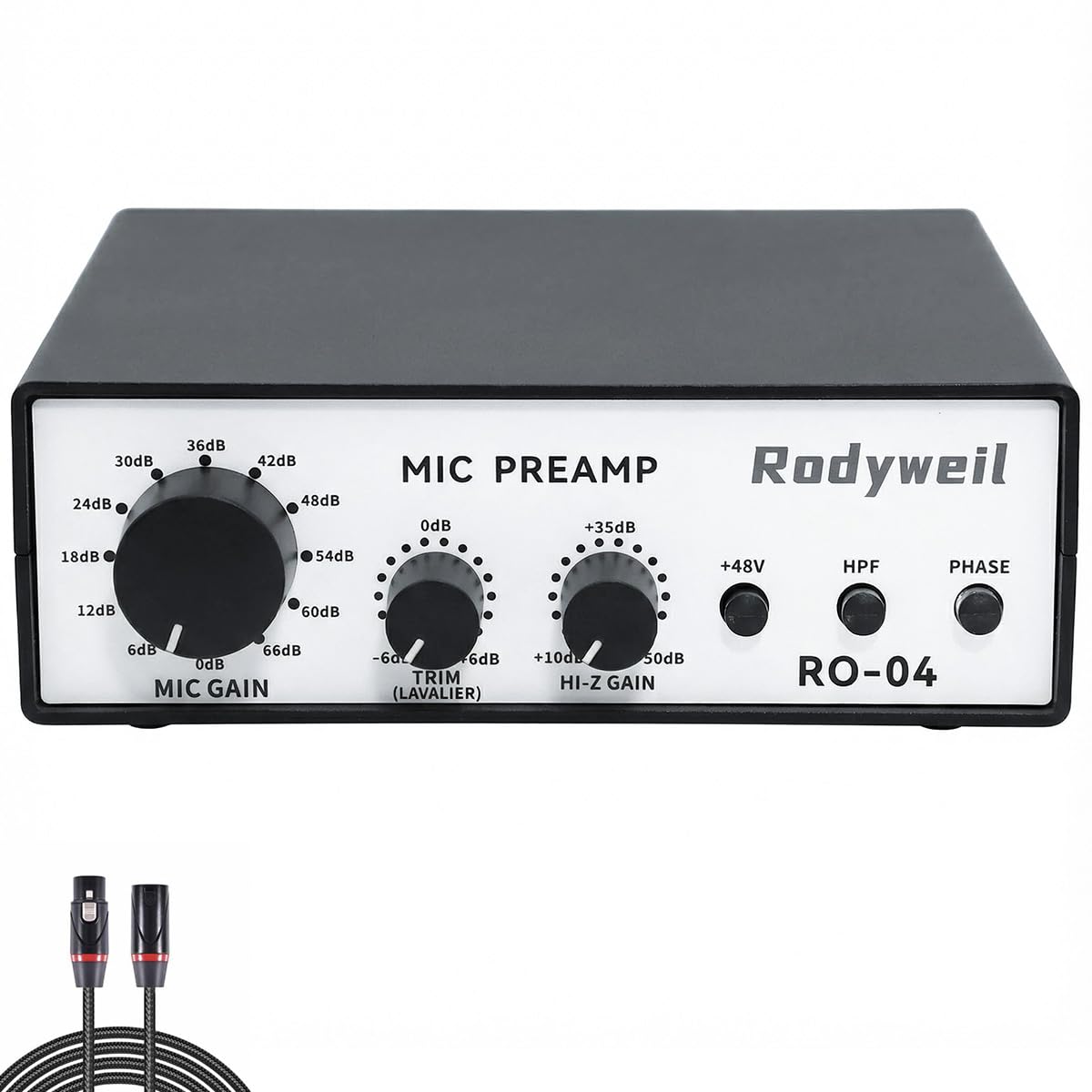 Rodyweil RO-04 Mic Preamp, 0~72db Adjustable Gain Boost,-120db EIN Ultra Low Noise, Studio Grade Performance with Hi-Z, 48V, HPF, Phase for Instrument