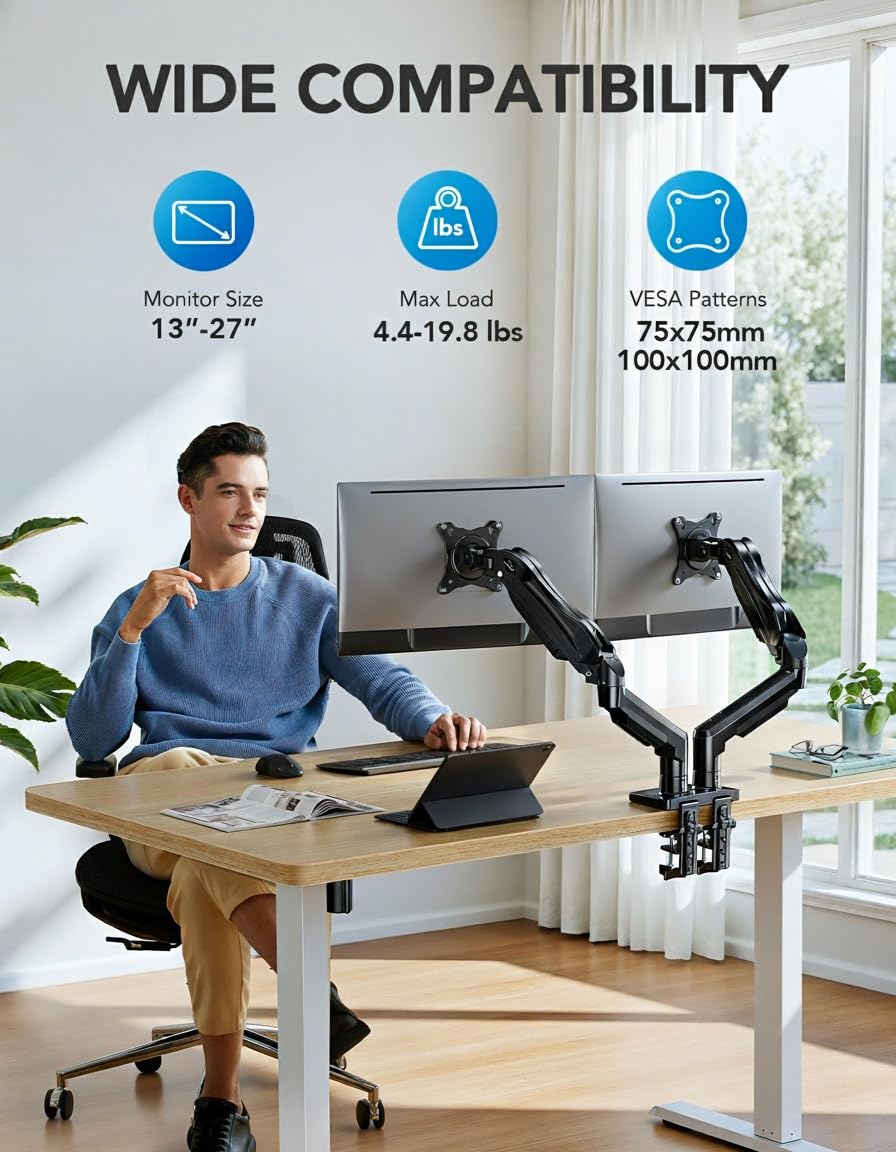 HUANUO Dual Monitor Stand, Fully Adjustable Gaming Monitor Desk Mount for 13-27? Computer Screens, Full Motion VESA 75x75/100x100 with C-Clamp