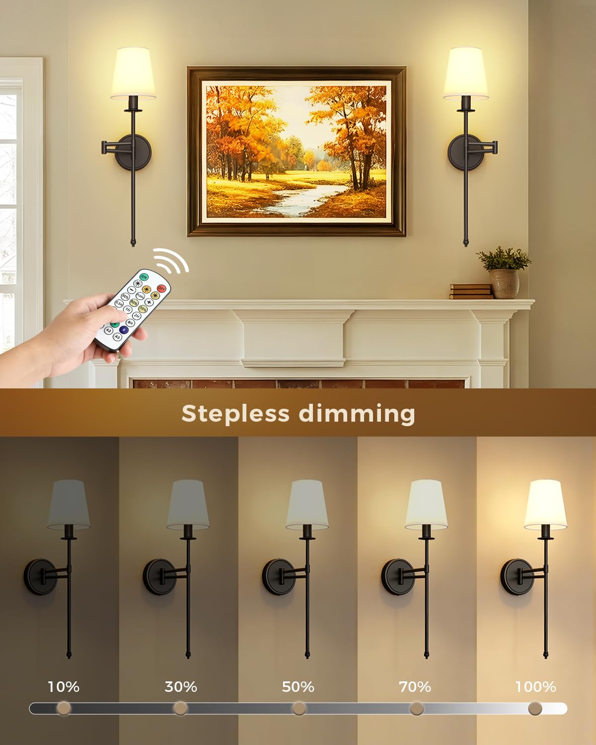 Joosenhouse Black Wireless Wall Sconces Set of 2, Battery Operated Wall Lights with Remote Control, 9 RGB Color Options, 24.8 inch Dimmable Wall