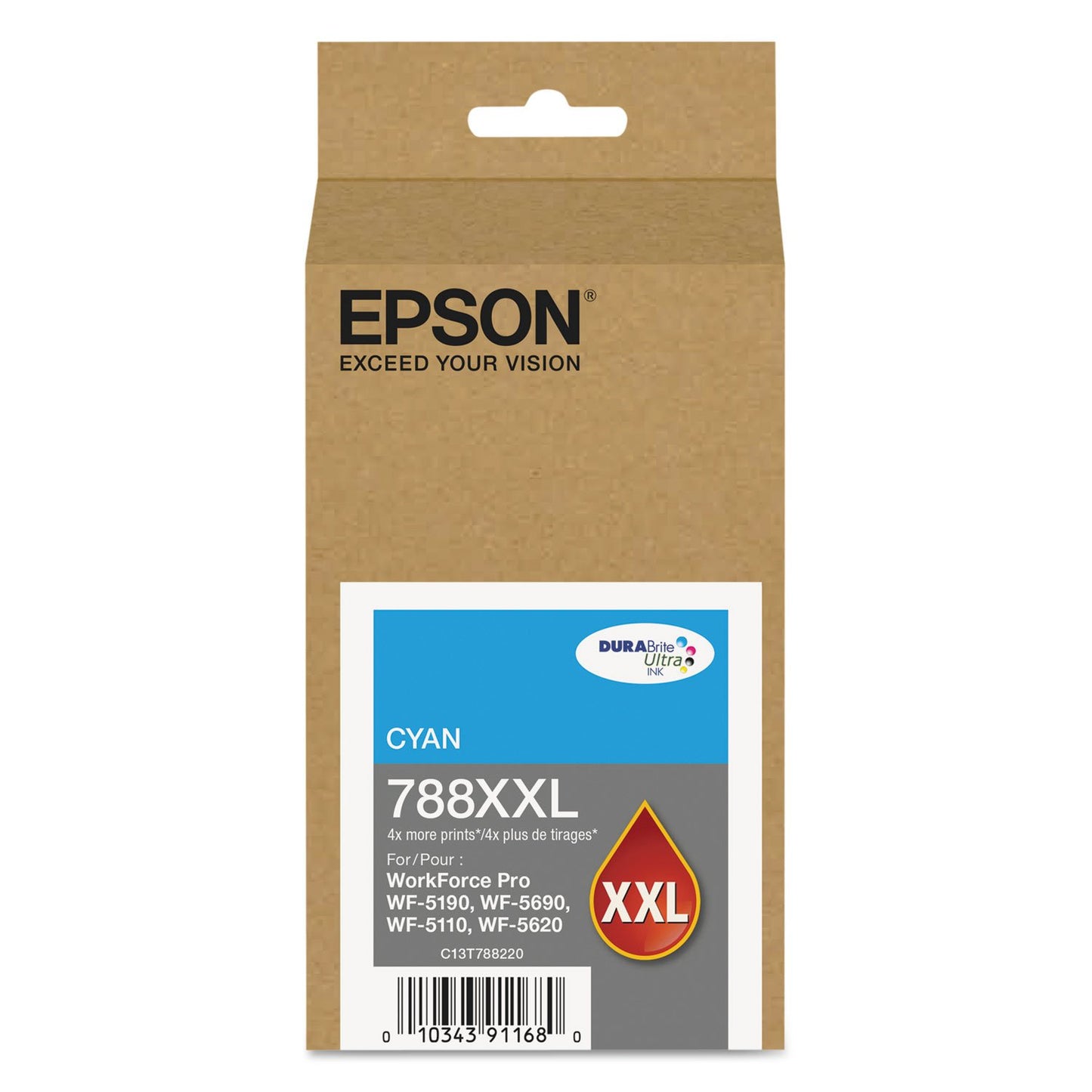 EPSON 788 DURABrite Ultra Ink High Capacity Cyan Cartridge (T788XXL220) Works with Workforce WF-5110, WF-5190, WF-5620, WF-5690