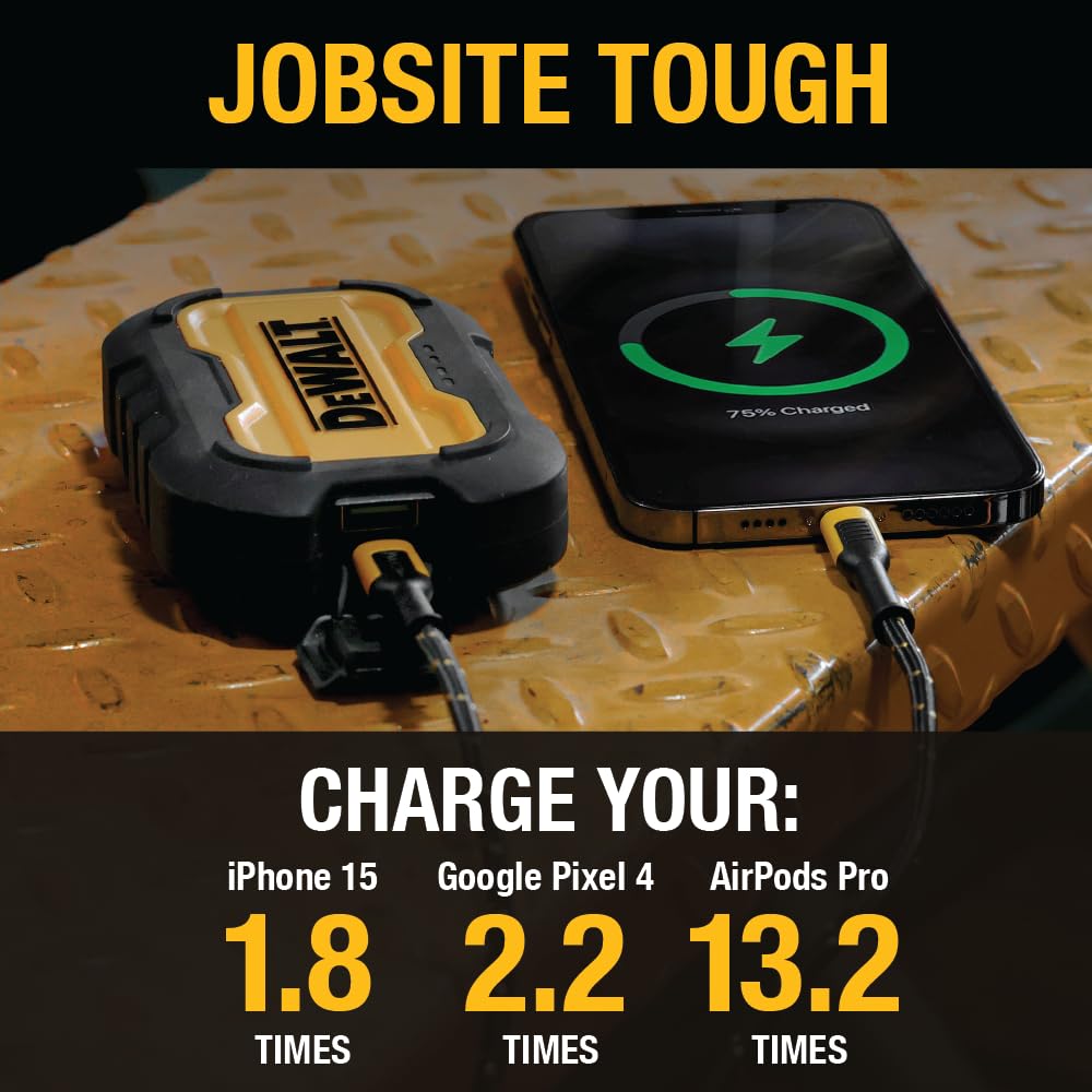 DEWALT Heavy Duty Portable Charger, Power Bank, Travel Worksite 10,000 mAh Battery Pack with USB-C Port for iPhone 17/16 Plus Pro Max, iPhone
