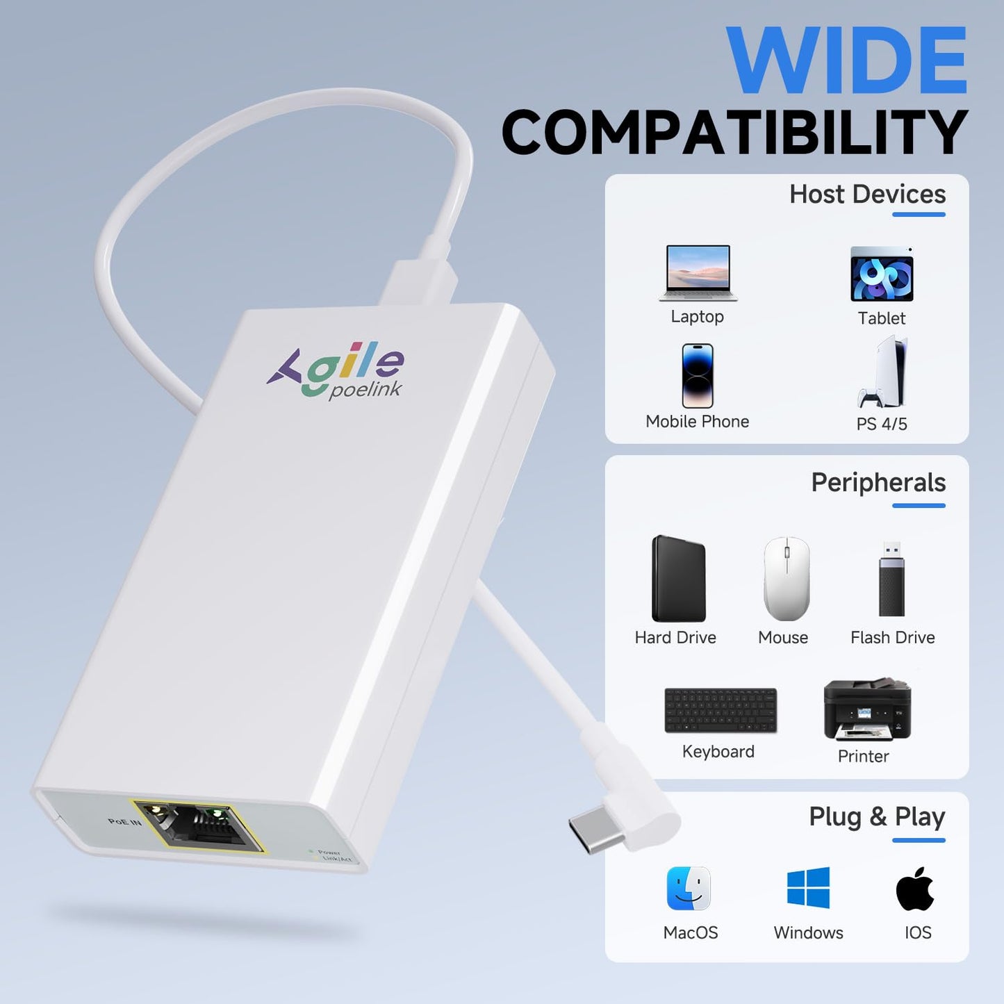 Gigabit PoE to USB C Converter for Smart Phone/Tablet, USB-C to Ethernet Adapter with 23W Charging, Power & Data 2-in-1 RJ45 Port to Type-C Adapter