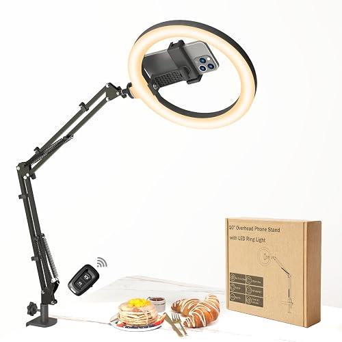 FZYGRAVH 10" LED Ring Light with Overhead Phone Stand, CRI?95 1200lm Dimmable Lighting, Adjustable Metal Arm with Remote & Phone Holder
