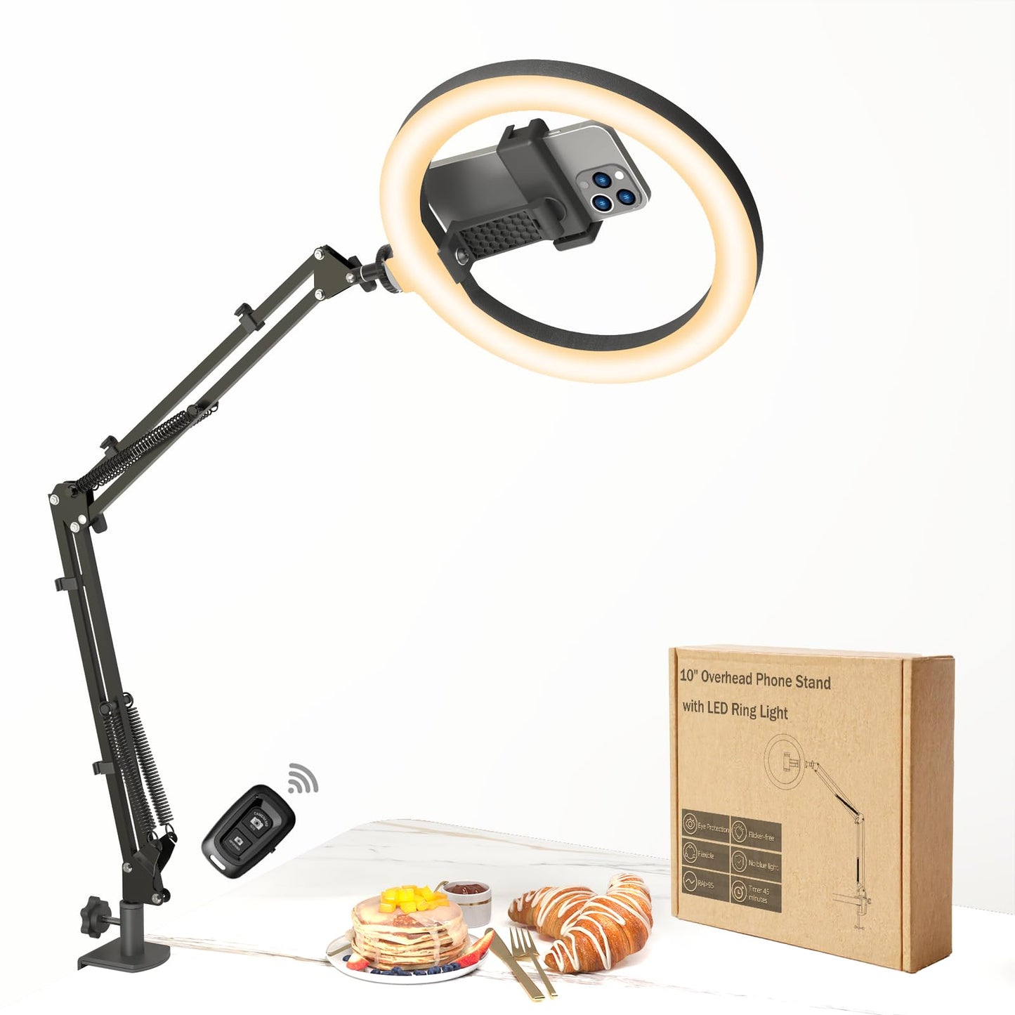 FZYGRAVH 10" LED Ring Light with Overhead Phone Stand, CRI?95 1200lm Dimmable Lighting, Adjustable Metal Arm with Remote & Phone Holder