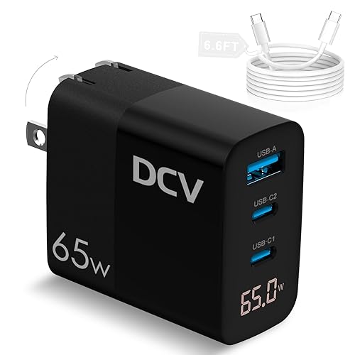 DCV 65W USB C Charger with 6.6ft C to C Cable, GaN 3-Port Fast Charging Block with LED Digital Display, PD/PPS/QC 3.0 Foldable Wall Charger