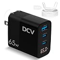 DCV 65W USB C Charger with 6.6ft C to C Cable, GaN 3-Port Fast Charging Block with LED Digital Display, PD/PPS/QC 3.0 Foldable Wall Charger