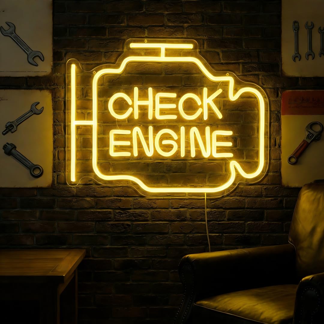 Check Engine Light Neon Sign for Man Cave & Garage, Large Size LED Wall Art, USB Powered, Funny Gift for Dad, Car Guys on Birthday & Father‘s Day