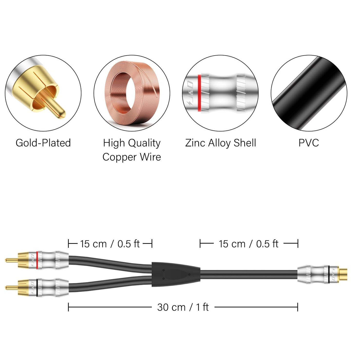 J&D Phono Splitter Cable, RCA Female to Dual Male Short Y Adapter, Gold Plated Stereo Audio Splitter Cord for Amplifier, Subwoofer, Home Theater, 1