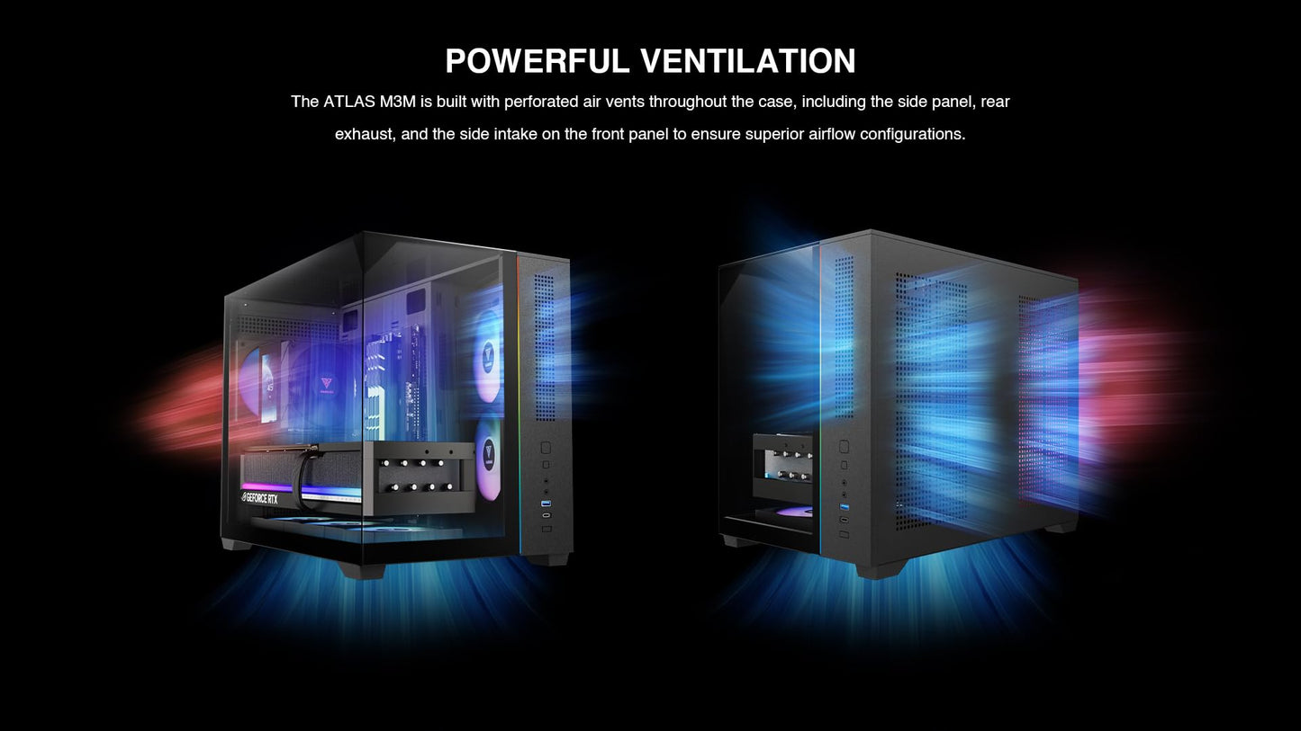 GAMDIAS Gaming Case Atlas M3M Three-Sided Tempered Glass, Built-in 3X 120mm ARGB PWM Case Fans, 400mm GPU/VGA, 360mm AIO/Radiator