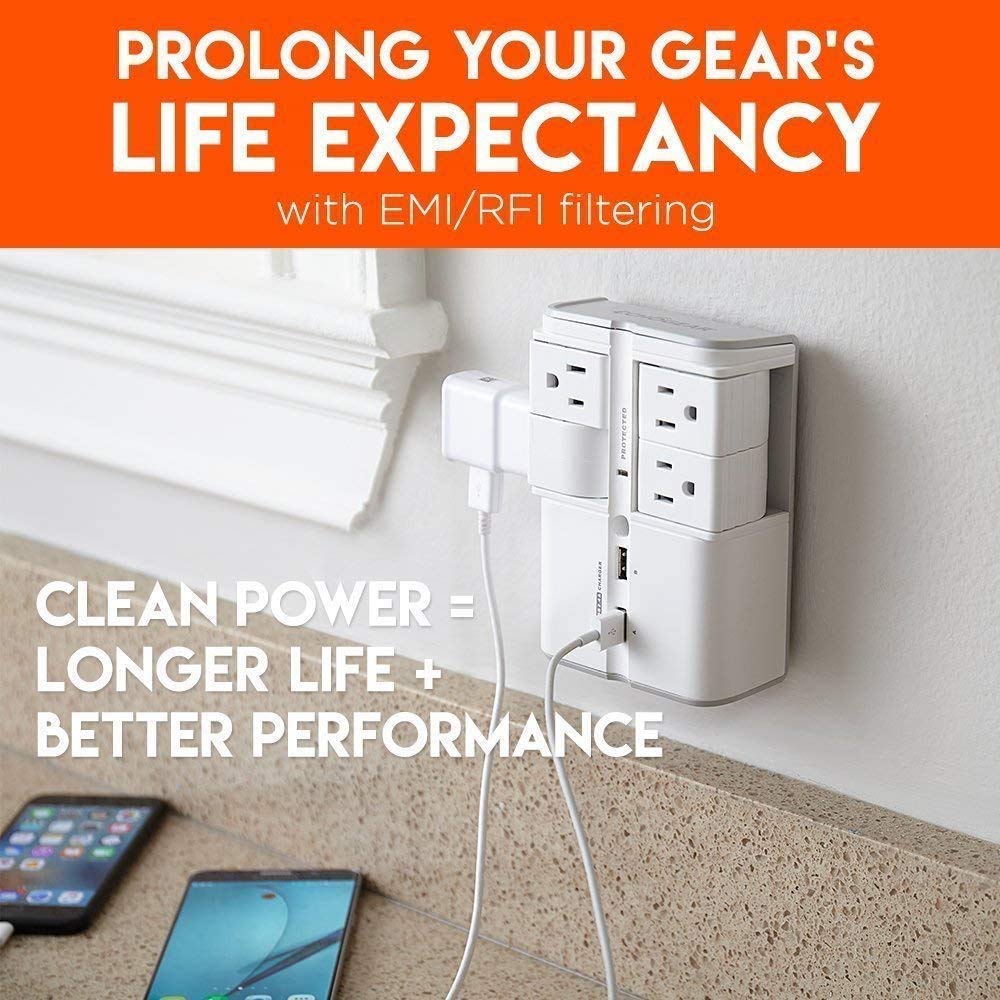 ECHOGEAR USB Wall Charger Surge Protector with 4 Pivoting AC Outlets & 2 USB Ports - Packs 1080 Joules of Surge Protection & Installs On Existing