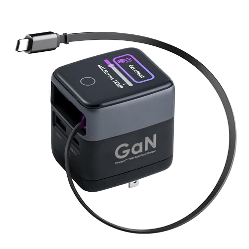 CHARGEN 70W GaN Fast Charger with Retractable Cable, 3-Port USB-C and USB-A Wall Charger, Compact Black Design, Model PD-138