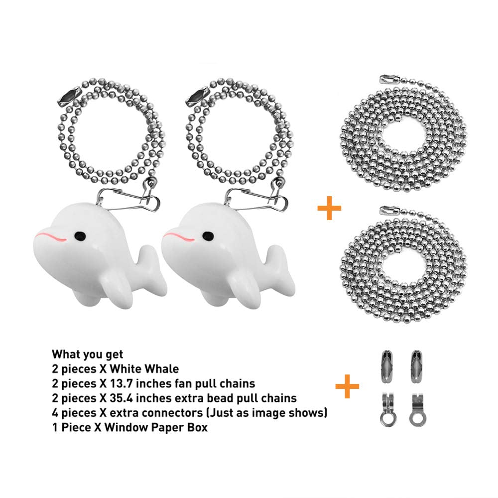 Wayilea Ceiling Fan Pull Chain 2pcs Whale Fish Ornaments, Extra 2pcs Stainless Steel Extender Chains, Decorative Cute Light Pulls Gifts for Girls Kids