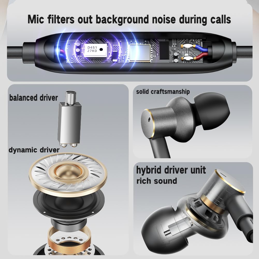 USB-C Earbuds with Noise Cancellation,Hybrid Driver Deep Bass Wired Headphones with Type C Plug Noise-canceling Mic Calls Compatible with iPhones 17…