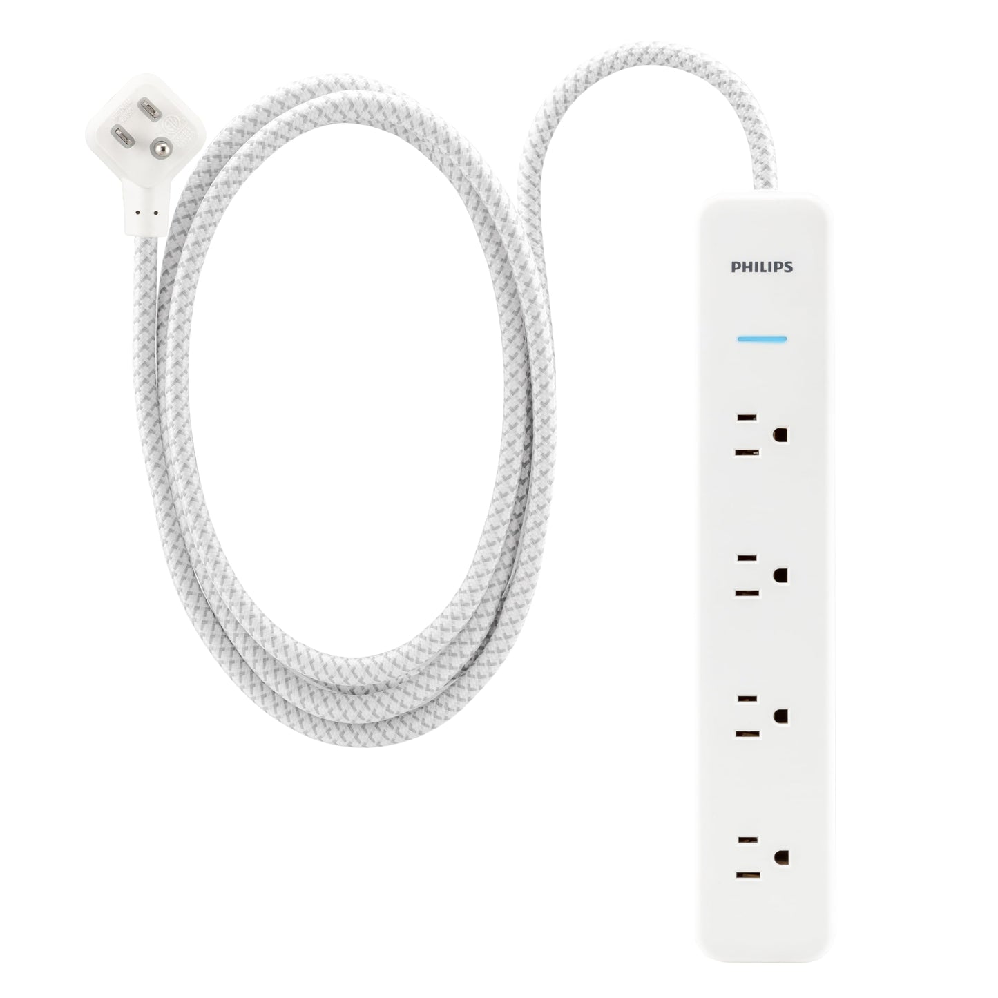 Philips 4-Outlet Surge Protector Power Strip, 4 Ft Braided Extension Cord, Multi Plug Outlet Extender, Adapter-Spaced, 450 Joules, White, SPP3563W/37