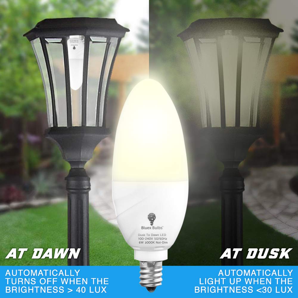 6 Pack BlueX Dusk to Dawn LED Bulbs, 6W E12 Base Light Bulb - 65W Equivalent - 3000K WarmLight White - Smart Light Sensor Candelabra Bulb, Home