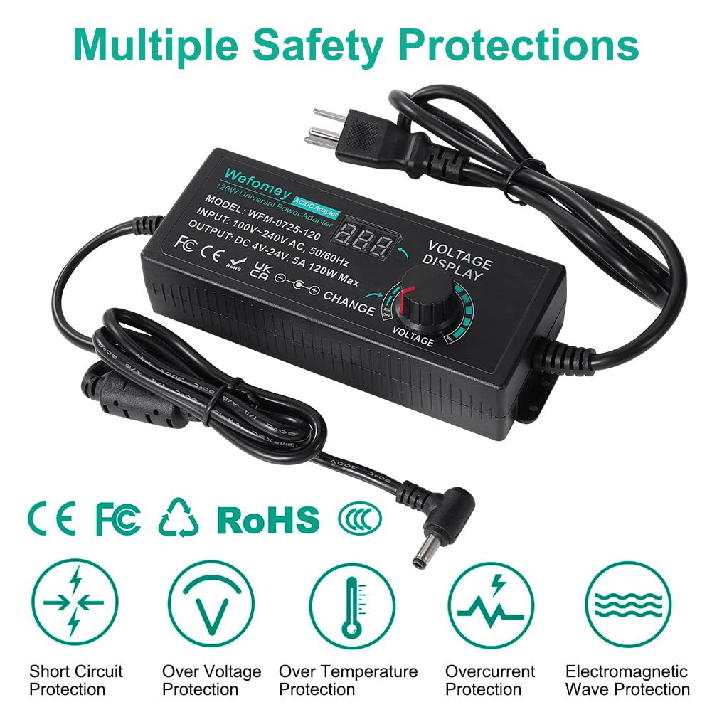 120W Universal Power Supply Adjustable DC 3V ~ 24V Variable Switching AC/DC Adapter 100V-240V AC to DC 24V 5A Converter with 14 Tips & Polarity…