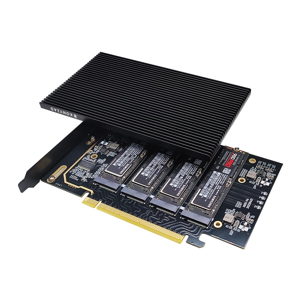 KONYEAD pcie4.0 x16 to m.2 m-Key nvme x 4 ssd Expansion Card with Heatsink?Supports 4 NVMe M.2 2280 up to 256Gbps?M2 Adapter Card 2280 Driver Free