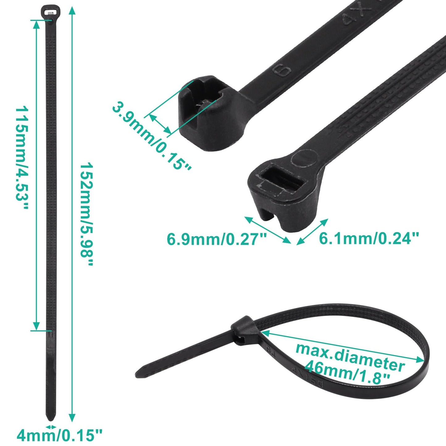 BUXIMN 150pcs Push Mount Zip Ties 6 inch, Self Locking Straps Cable Zip Tie with Stainless Steel Metal Tooth Locking Device Heavy Duty Nylon Zip Tie