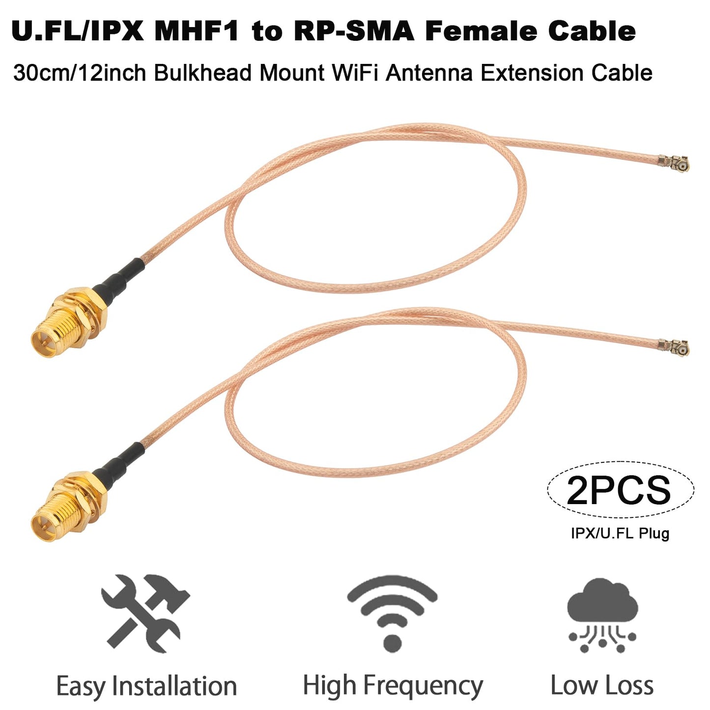 Kaunosta U.FL/MHF1 Cable (12inch 2-Pack) MHF1 to RP-SMA Female Bulkhead RG178 Cable for MHF1 (U.FL) Mini PCI-E Interface Mini PCIe Cards WiFi