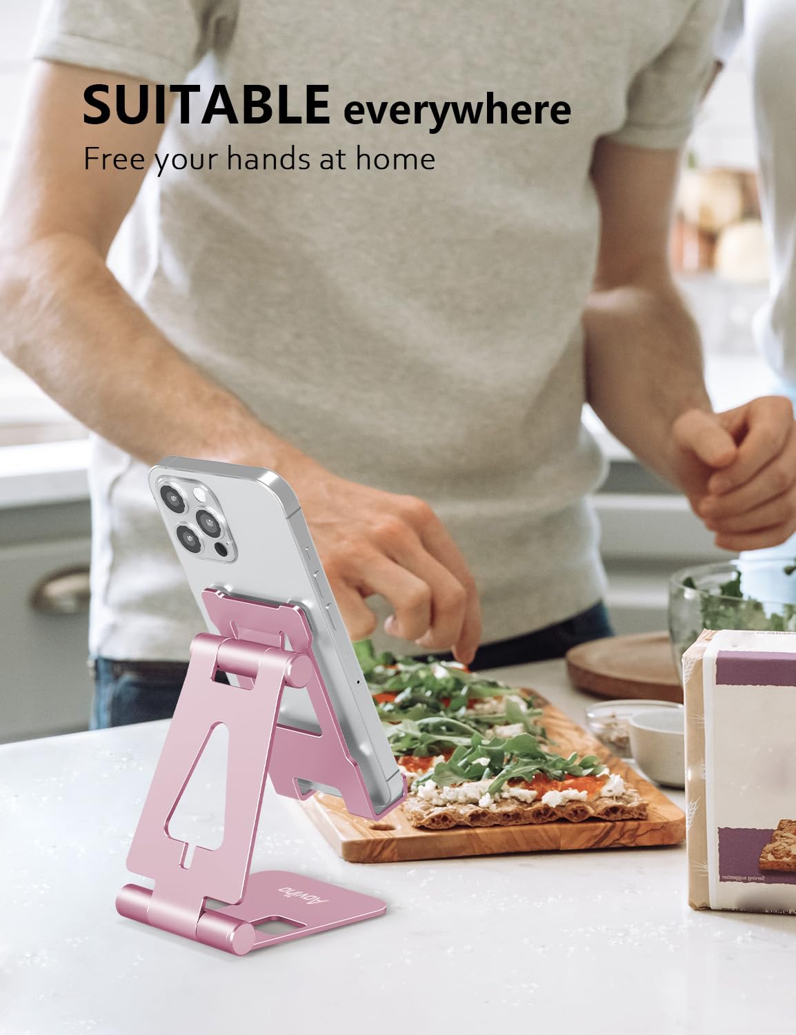 Aoviho Foldable Cell Phone Stand for Desk, Adjustable Phone Holder for Office, Video Calls and Streaming, Portable Desktop Phone Dock Compatible
