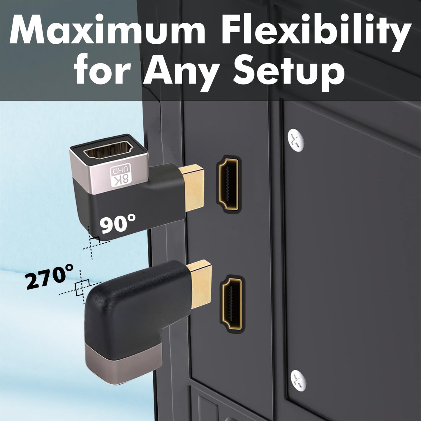 Cyberguys! 90 Degree & 270 Degree Right Angle HDMI Adapter 2 Pack, HDMI Coupler for Tight Space, 8K@60Hz 4K@120Hz HDMI 2.1 Extension Connector, Gold