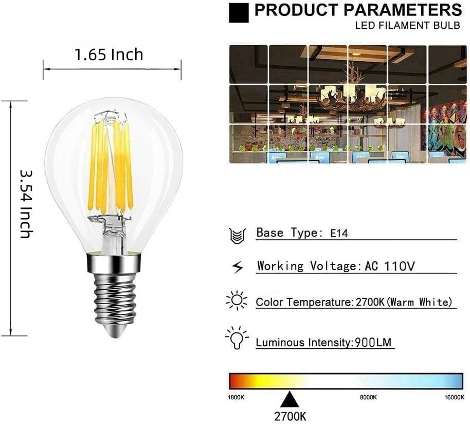E14 6W Dimmable G45(G14) Globe LED Bulb Edison Incandescent 60 Watt Lamp Equivalent Warm White 2700K 900 Lumen CRI>90+ European Style Bases Round