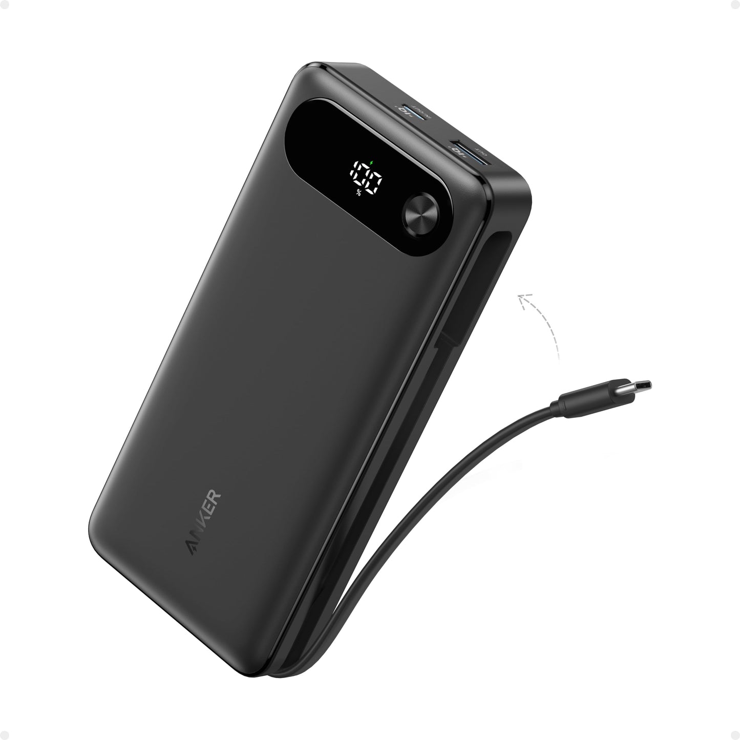 Anker Power Bank, 20,000mAh Travel Essential Portable Charger with Built-in USB-C Cable, 3-Port 87W Max Fast Charging Battery Pack, for MacBook