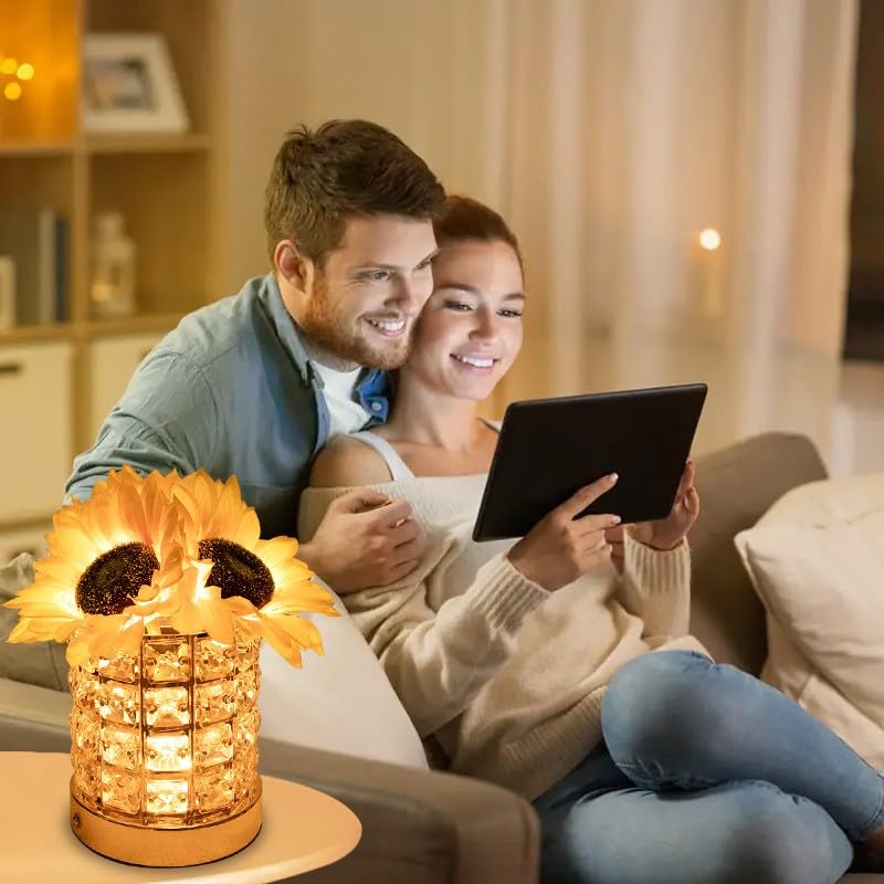 Flower Lamp with USB Charge, 3-Colour Infinitely Dimmable Artificial Sunflower LED Table Lamp, Rechargeable Cordless Touch Small Night Light, Gift