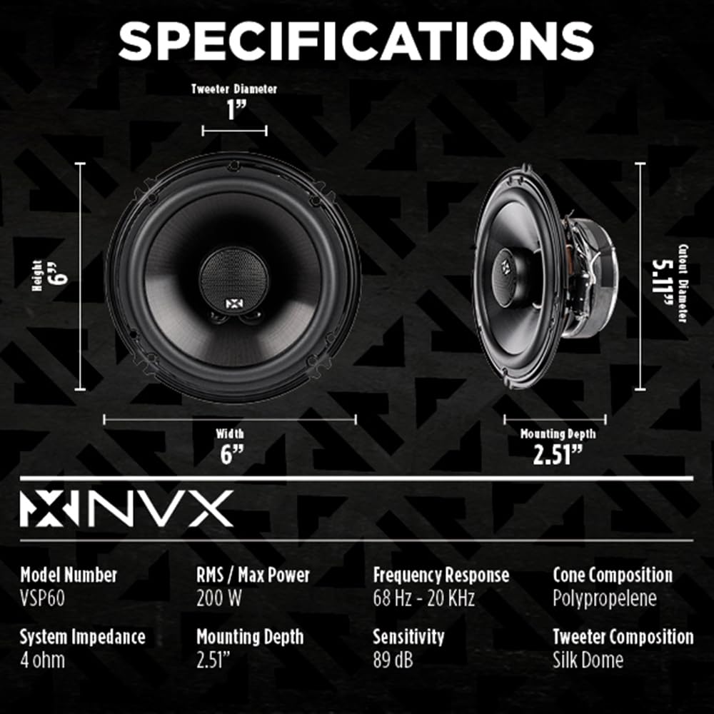 NVX® VSP60 6" Premium Car Speakers, 600W Max, 200W RMS, 2-Way 6 inch Coaxial w/ 1" Silk Dome Tweeters & Built-in X-Overs, Easy to Install in Cars/Trucks/Doors (Pair)