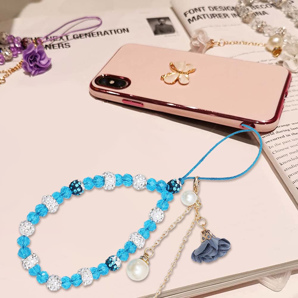 Katutude Beaded Phone Charm Lanyard, Bling Sparkle Cell Phone Charm Wrist Strap, Universal Anti-Lost Phone Chain, Blue