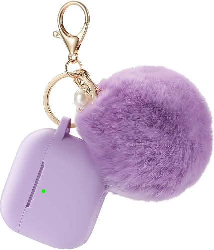 Protective Case Cover for Airpods 4th Generation Charging Case, Soft Silicone Cases with Cute Fluffy Ball Pom Pom and Keychain Kit (Purple)