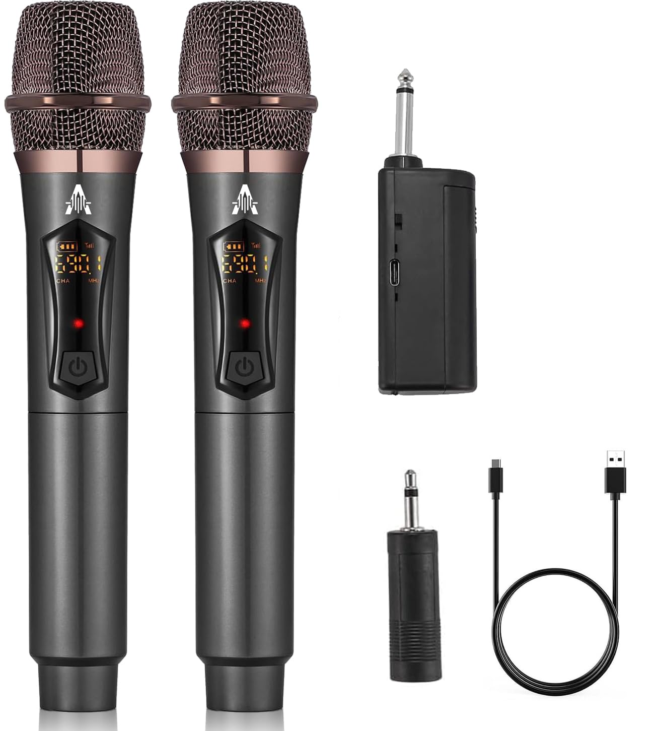 ALPOWL Wireless Microphones, Metal Dynamic Microphone System with Rechargeable Receiver, 50H Duration, 200ft Range, Microphone for Karaoke Singing
