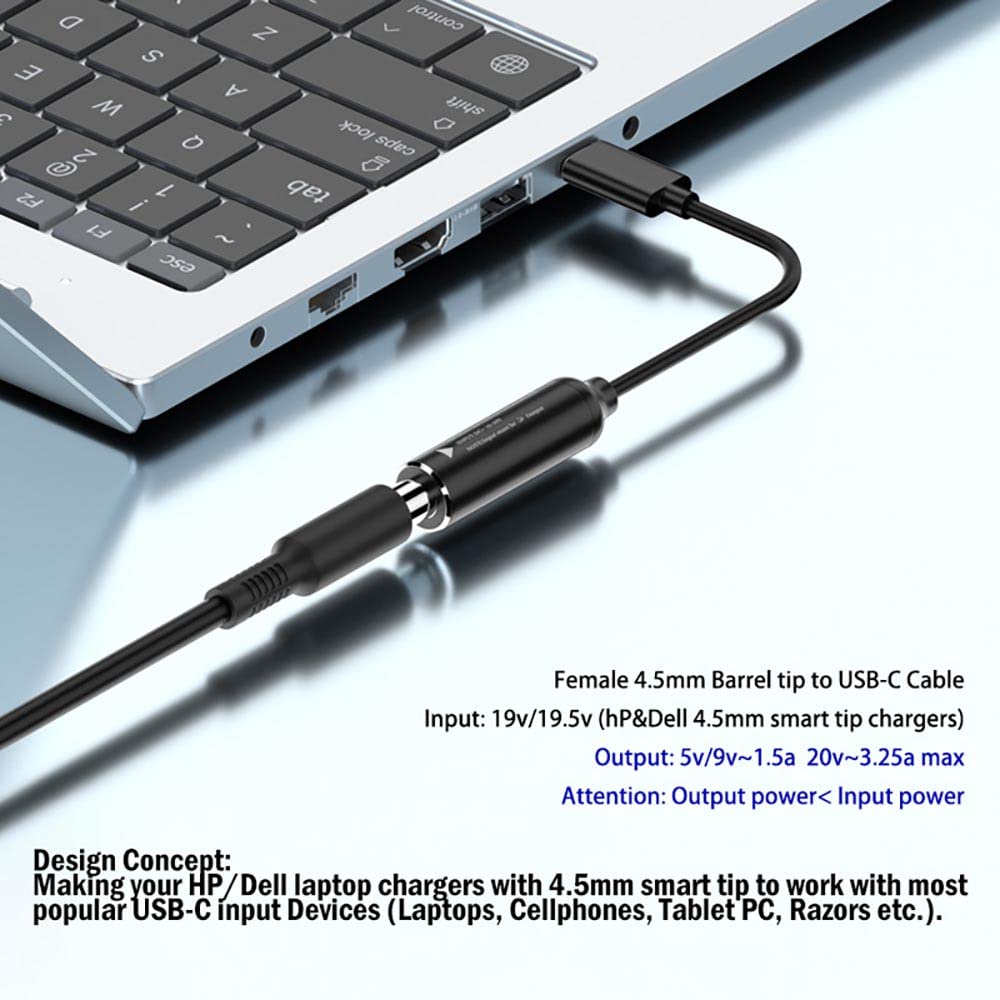 Female 4.5mm Barrel Smart Tip to USB C Adapter Cable for HP DELL USB-C Charger 45w 65w PD 5V/9V 1.5a max 20v 3.25a 65w max