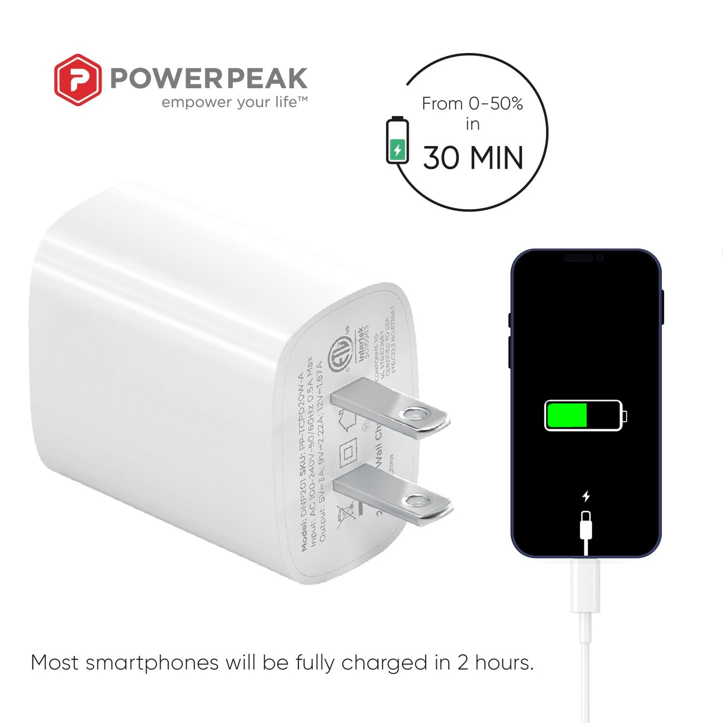 POWERPEAK 20W Fast Charger, USB-C Port, 20W USB-C Power Adapter PD, Compact Power Adapter for iPhone 17/17 Pro Max, Galaxy, Pixel, Smart-iQ Technology