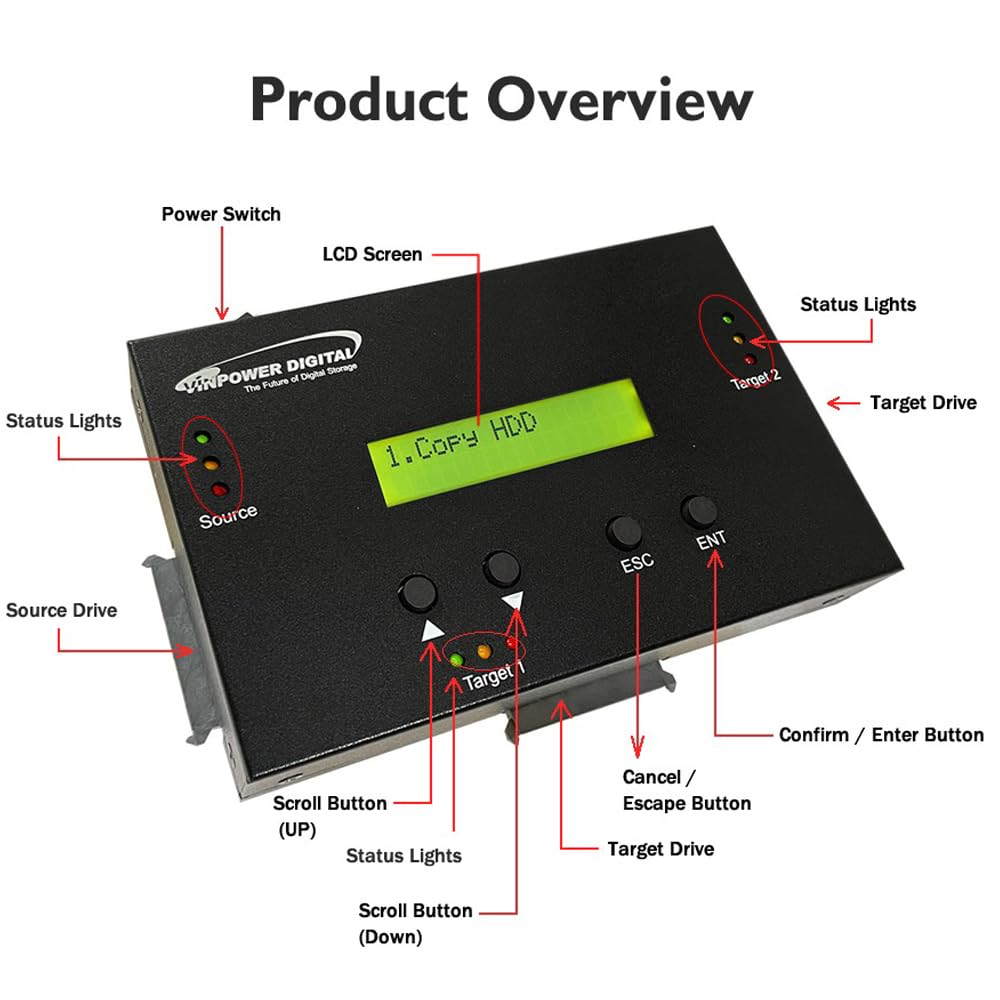 Vinpower 1 to 2 SATA 2.5" & 3.5" Hard Disk Drive/Solid State Drive (HDD/SSD) Clone Duplicator and DOD Level Eraser