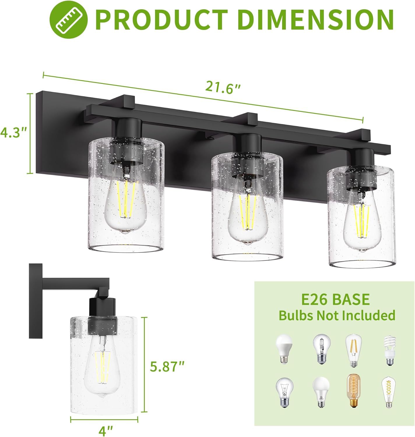 Espird Bathroom Vanity Light,3 Light Matte Black Light Fixture with Thickened Seeded Glass Shade, 21 inch Modern Wall Sconce,Vanity Light Over Mirror