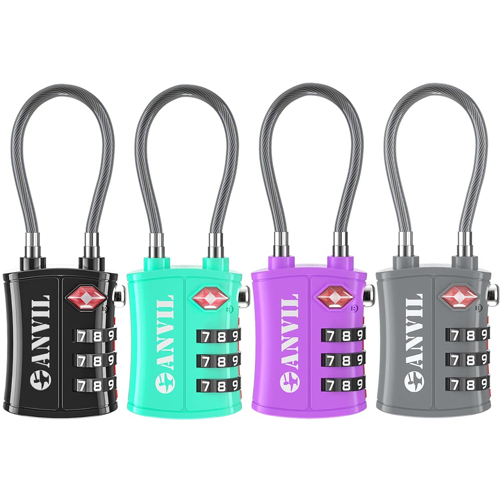 ANVIL TSA Approved Cable Luggage Locks – 3-Digit Combination Travel Padlocks with Zinc Alloy Body for Suitcases, Backpacks & Gun Cases (4 Colors)
