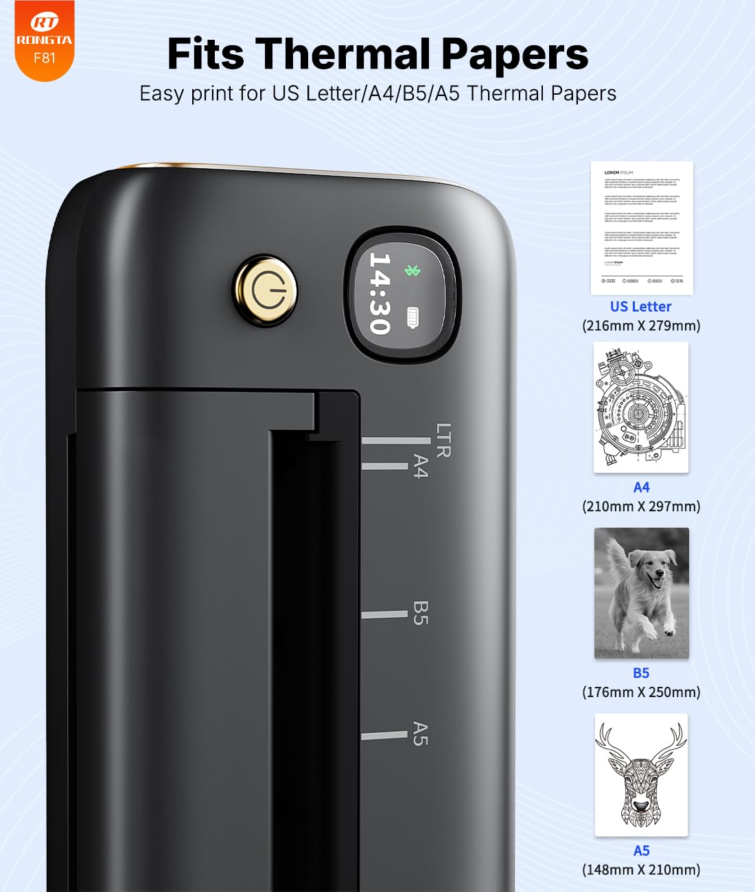 Rongta Portable Printers Wireless for Travel, Bluetooth Mobile Printer, Thermal Inkless Printer for School/Office/Home Use, Compatible