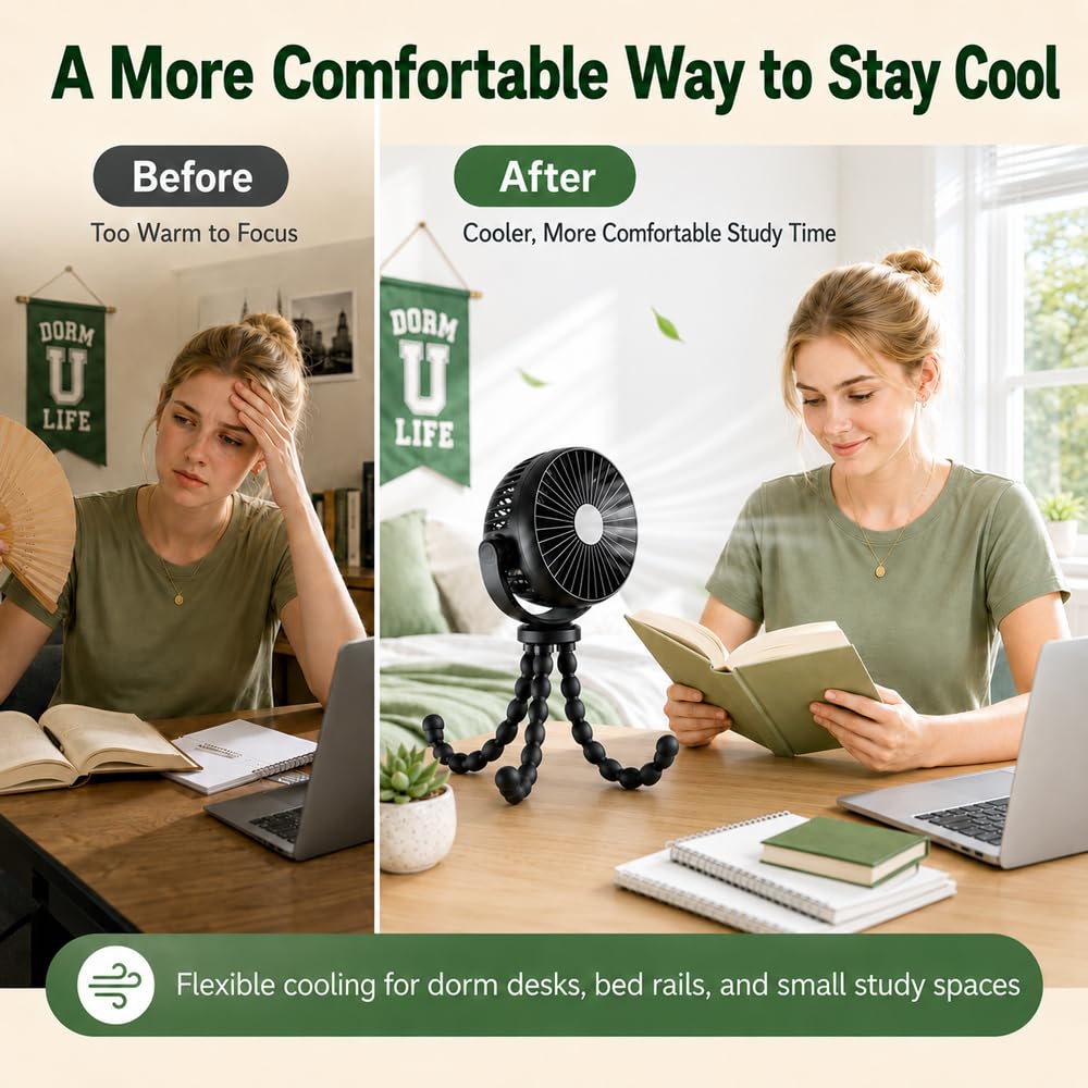 Portable Fan, 5200mAh USB Rechargeable Octopus Desk Fan with Flexible Legs
