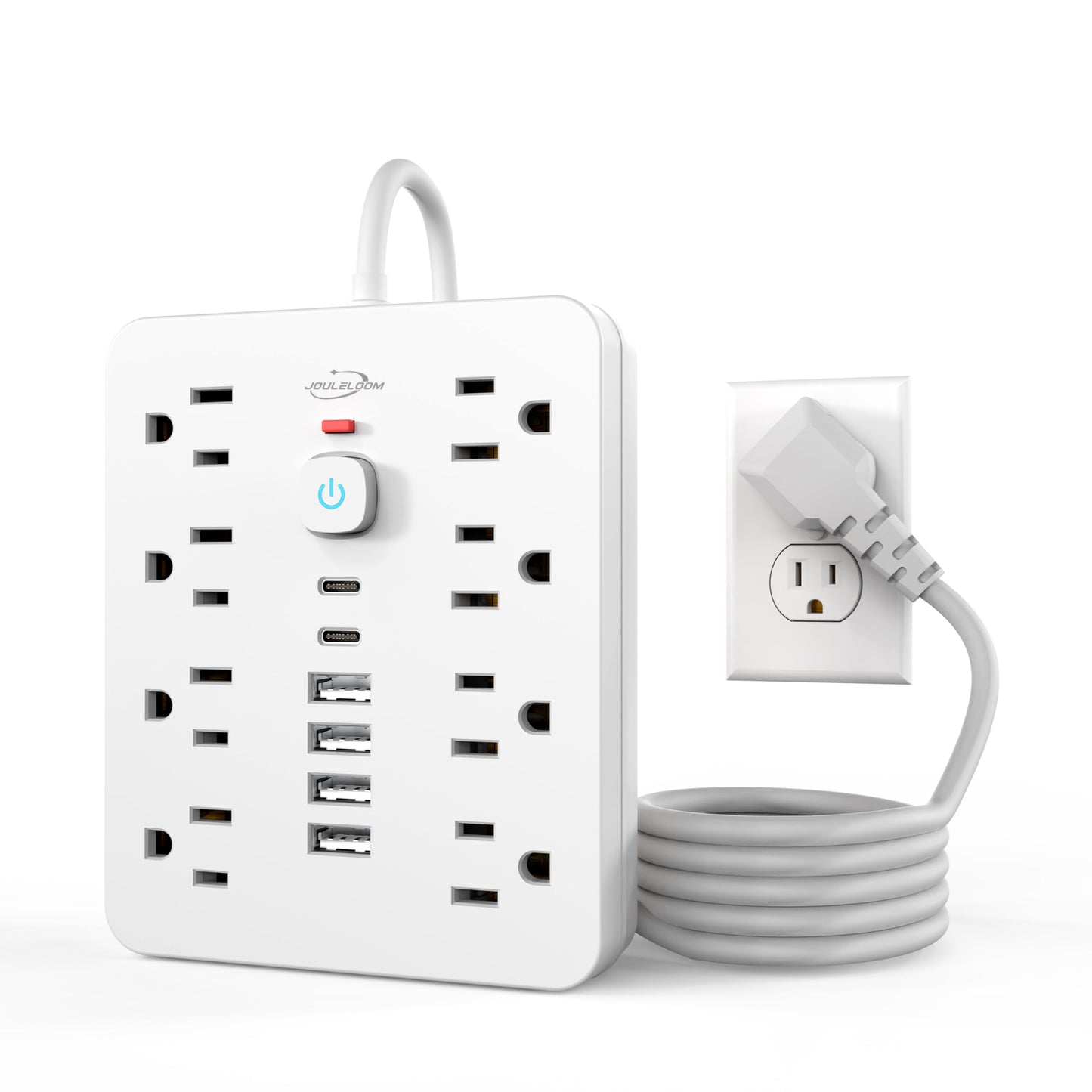 JouleLoom Power Strip Surge Protector with 8 Outlets, 4 USB and 2 USB C Ports, 5 Ft Extension Cord, Flat Plug, Wall Mount, Overload Protection Desk