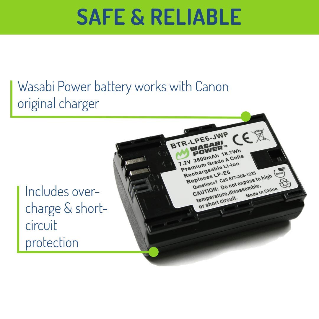 Wasabi Power LP-E6, LP-E6N Battery (2-Pack) for Canon EOS 5D Mark II/III/IV, 5DS, 5DS R, 6D, 6D Mark II, 7D, 7D Mark II, 70D, 80D, 90D, R, R5, R5C